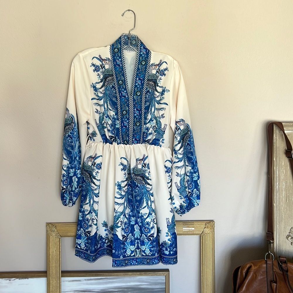 Blue & White Floral Print Women’s Dress